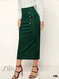 Zlily - Button-Front High-Waist Maxi Skirts for Women - Stylish & Sophisticated Office Attire Chic Green Bottoms With Buttons, Chic Green Skirt With Button Closure, Elegant Green Solid Color Skirt, Elegant Green Bottoms With Button Closure, Elegant Party Skirt With Button Closure, High Waist Buttoned Party Skirt, Elegant High Waist Pencil Skirt With Buttons, Elegant High-waisted Pencil Skirt With Button Closure, Fitted Green Skirt With Buttons