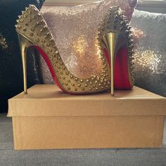 Gold Follies Louboutin. Like New! Excellent Condition. I Only Wore These One Time, To An Event Where I Was Seated Most Of The Time And The Floor Was Carpeted (Which Is Why The Bottom Is Hardly Worn Off). Size 38.5. 6 Inch Heels, Fashion Shoes Heels, Louboutin Heels, Louboutin Shoes, Christian Louboutin Shoes, The Floor, Shoes Women Heels, Christian Louboutin, Fashion Shoes