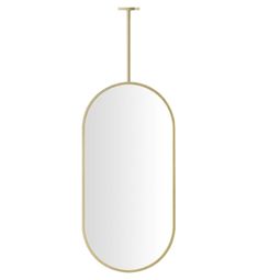 an oval mirror hanging from the ceiling with a gold frame and metal bar at the bottom