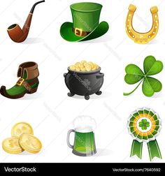 st patrick's day icons set with hat, pipe, shamrock leaf and other items