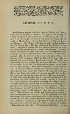 an old book is opened to show the title and page for legend's of place