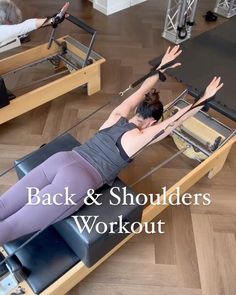 a woman is doing exercises on an exercise machine with the words back & shoulders workout