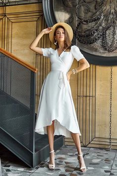 White Midi Wrap Dress, Classy White Dress, Wrap Dresses Summer, Lantern Dress, White Wrap Dress, Wrap Dress Short, Short Sleeve Midi Dress, Midi Wrap Dress, Grad Dresses