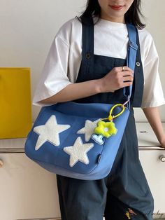 BirdinBag - Nylon Hobo Bag with Star Patches and Bag Charm - Perfect for Everyday Use Casual Star-shaped Shoulder Bag For School, Trendy Star-shaped Shoulder Bag For School, Casual Star-shaped Shoulder Bag For Everyday, Casual Star-shaped Shoulder Bag, Everyday Star-shaped Bag, Star Bag, Star Patches, Geometric Composition, Bag Bag