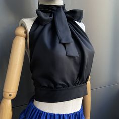 Women's Black Silk Blouse with Bows Chic Evening Top With Detachable Bow, Sleeveless Tie Back Top For Party, Chic Evening Tops With Bow Tie Back, Elegant Party Tops With Bow Tie Back, Chic Tie-back Blouse For Parties, Elegant Sleeveless Blouse With Tie Back, Chic Sleeveless Blouse For Evening, Sleeveless Party Top With Bow, Sleeveless Bow Top For Party