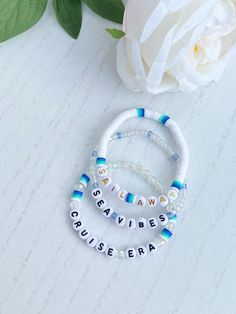 Let's Sail Away Set 🛳☀️⚓️ ☀️Sail Away- ❋ Listing is for one Clay Bead Bracelet with an Elastic Cord  ❋ Gold Letter Beads  ❋ White Clay Beads  ❋ Blue Ombre Clay Beads  ❋ One size fits most  ❋ Colors may vary due to lighting  ☀️Sea Vibes- ❋ Listing is for one Seed Bead Bracelet with an Elastic Cord  ❋ Black Letter Beads ❋ Clear Seed Beads ❋ Blue Seed Beads ❋ One size fits most  ❋ Colors may vary due to lighting  ☀️Cruise Era-  ❋ Listing is for one Acrylic and Clay Bead Bracelet with an Elastic Co Cruise Bracelets, Vacation Bracelets, Bracelets Preppy, Sea Vibes, Make Clay Beads, Beachy Bracelets, Colorful Bead Bracelets, Clay Bracelets, Pony Bead Bracelets