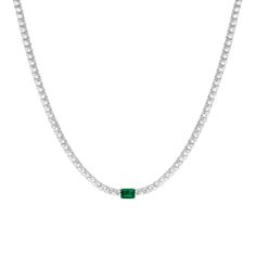 White Sapphire Tennis Necklace with Emerald Emerald Necklace With Diamonds And 17 Jewels, Classic Silver Diamond Necklace With Emerald, White Gold Emerald Necklace With Brilliant Cut, Classic Silver Diamond Emerald Necklace, Emerald Cut Green Diamond Necklace, Classic Green Emerald Necklace With Diamond Accents, Green Emerald Necklace With Diamond Accents, Green Emerald Necklace With Diamond Settings, Green Diamond Cut Necklace