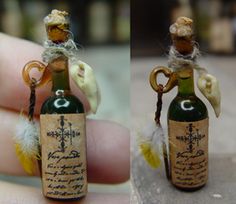 two pictures of a miniature bottle with an angel on top and a feather tail attached to it