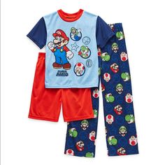 Super Mario Pajama Set New Nwt Super Mario Bros - 3-Piece Set Size: 6 **Note - Small Tear By Chin Area Of Mario - See 2nd To Last Pic** This Super Mario 3-Piece Pajama Set Features A Short Sleeve Top, Shorts And Pants To Give Him Endless Styling Options For Bedtime. Shirt Features Your Favorite Characters: Super Mario, Luigi, Yoshi!! 3 Piece Set Includes: - (1) Shirt (Crew Neck + Short Sleeves) - (1) Shorts (Elastic Waist) - (1) Pajama Pant (Elastic Waist) Flame Resistant Sleepwear Nwt - New Tag Red Playful Sleepwear Sets, Playful Red Sleepwear Sets, Playful Red Sleep Sets, Cotton Bedtime Sets With Character Print, Red Cotton Sets With Cartoon Print, Cotton Sleep Sets With Character Print, Cotton Sleepwear Sets With Character Print, Fun Cotton Sets With Cartoon Print, Blue Character Print Playwear Sets