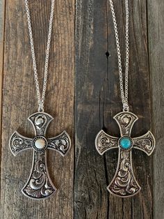 "Necklace chain is is 16\" long with a 3\" extension. Pendant is 2.25\" long" Cross Necklace Western, Western Cross Necklace, Long Cross Necklace, Turquoise Jewelry Western, Turquoise Cross Necklace, Western Fashion Jewelry, Southern Jewelry, Western Necklaces, Cowgirl Accessories