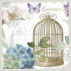 a birdcage with flowers and butterflies on it