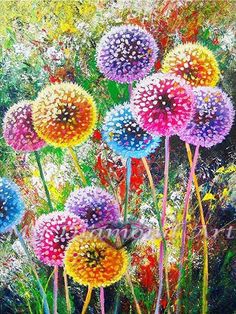 a painting of colorful flowers in the grass