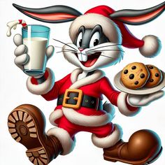 a cartoon bunny holding a glass of milk and cookies in one hand while running with a cookie on the other