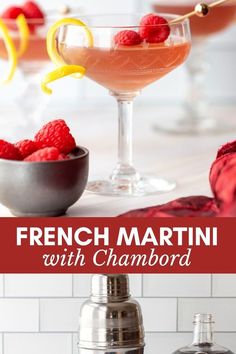 two martinis with raspberries in them and the title overlay reads, french martini with champagne