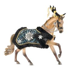 a toy horse wearing a sweater with snowflakes on it's head and tail