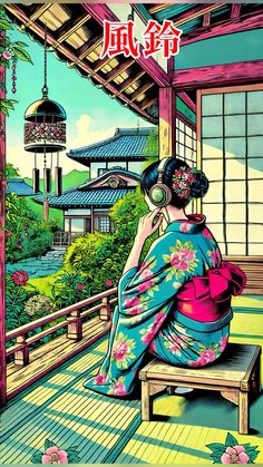 This tranquil artwork captures a woman in a vibrant floral kimono, enjoying the soothing sounds of a wind chime on a quiet summer day. The peaceful veranda setting, lush greenery, and traditional Japanese ambiance evoke a sense of harmony and relaxation.  #Kimonobeauties #JapaneseArt #PopArt #TranquilMoments #KimonoFashion #CulturalElegance #SummerVibes #TraditionalBeauty #RelaxationArt #ArtisticExpression