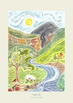 a watercolor painting with words written in different languages and animals on the mountain side