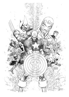 an ink drawing of the avengers team with captain america and other superheros around them