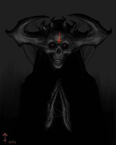 a skull with horns on it's head and red eyes is in the dark