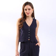 Tavimart Retro Linen Women'S Suits Women 2023 Blue Sleeveless Button Up Vest Tops + Wide Leg Pants Sets 2 Pieces Outfits Ensemble Femme Sleeveless Buttoned Sets For Summer, Sleeveless Summer Sets With Buttons, Fitted Sleeveless Sets With Buttons, Long Evening Dresses Elegant, 2 Pieces Outfits, Low Waisted Pants, Pieces Outfits, Chic Romper, Vest Tops