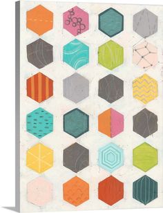 an art work with many different colors and shapes on it's canvases, including hexagonals