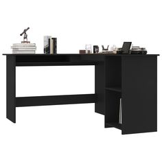 a computer desk with a book shelf and books on top of it in front of a white background