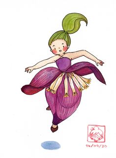 a drawing of a girl in a purple dress with long green hair flying through the air