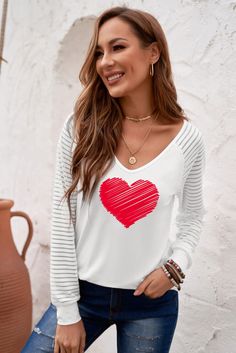 White Valentine Heart Print Mesh Patchwork Long Sleeve T-shirt White Heart-shaped T-shirt For Spring, White Long Sleeve Tops With Heart Print, White Long Sleeve Top With Heart Print, Long Sleeve Summer Tops With Heart Graphic, Spring Crew Neck Top With Heart Patch, Spring Heart Patch Crew Neck Top, Summer Long Sleeve Tops With Heart Graphic, White V-neck Top With Patchwork, White Long Sleeve Patchwork T-shirt