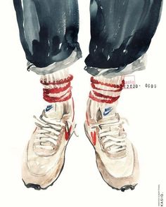 a drawing of a pair of shoes with red and white laces on their ankles