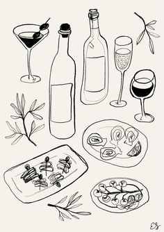 an ink drawing of wine, food and drinks on a white background with olives