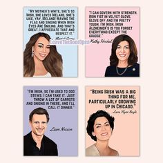 four different cards with the same woman's face and words on them, including one saying