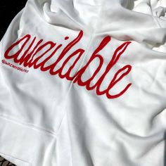 'AVAILABLE' PAINTED SWEATSHIRT - Wren + Glory Oversized White Sweatshirt With Logo Print, Oversized White Letter Print Sweats, White Oversized Sweats With Letter Print, White Logo Print Sweatshirt With Relaxed Fit, White Sweatshirt With Logo Print, Relaxed Fit, White Relaxed Fit Sweats With Logo Print, White Sweats With Logo Print In Relaxed Fit, Trendy White Crew Neck Sweats, White Logo Print Sweatshirt For Loungewear