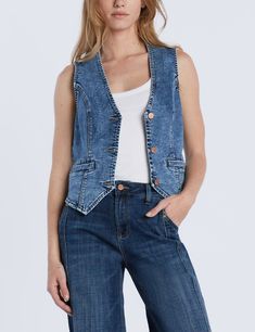 The world's yours, in the Wash Lab Denim Vest, with it's take-no-prisoner's style, and go-with-everything versatility. The Model, Premium Denim, Denim Vest, Lab, How Are You Feeling, Take That, Spandex, Fabric, Blue