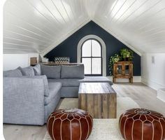 a living room with couches, tables and a tv in the middle of it