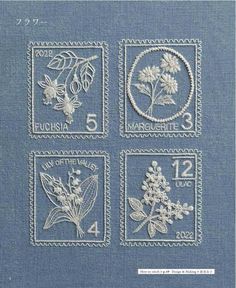 four different stamps with flowers and leaves on the front, one is blue and two are white