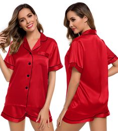 PRICES MAY VARY. Materials: This lightweight pajama set is made of lightweighr silk satin, soft，breathable and skin-friendly, help you have a sound sleep. Features: The relaxed fit two-piece comfortable sleepwear pajama set features the silky shorts with elastic waist and matches a silky-smooth short-sleeve V-neck top with a chest pocket, notch collar and the button-front top hits at hips. The sleepwear set are soft and elegant, to giving you a lazy sleep. Occasion: Women's Short Sleeve Silk Sat Bridal Sleepwear, Pajamas Short, Sleepwear Women Pajamas, Silk Pajamas Women, Mens Pajamas Set, Silk Pajama Set, Satin Short, Satin Pyjama Set, Satin Pajamas