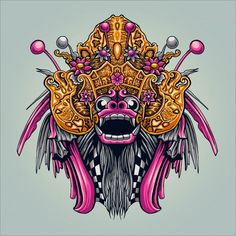 the head of an animal wearing a golden mask with pink feathers and decorations on it