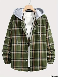 Russoo - Classic Mens Brushed Check Long Sleeve Hoodie for Casual Fashion Casual Plaid Hooded Jacket For Winter, Casual Plaid Hooded Jacket With Pockets, Plaid Hoodie For Streetwear, Casual Plaid Hoodie For Streetwear, Casual Plaid Long Sleeve Hooded Jacket, Casual Plaid Hooded Hoodie, Men's Fashion Casual, Plus Size Cargo Pants, Novelty Clothing