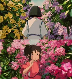 two anime characters standing in front of flowers