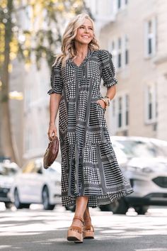 Aylin Dress Chic V-neck Patterned Midi Dress, Black Printed Midi Dress, Printed Black Midi Dress, Black Short Sleeve Printed Midi Dress, Patterned Midi Dress For Vacation, Printed Black Midi Dress For Fall, Chic Black Printed Maxi Dress, Black Printed V-neck Midi Dress, Black And White Print