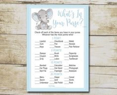 an elephant baby shower game is shown on a wooden table with the words what's in your purse?