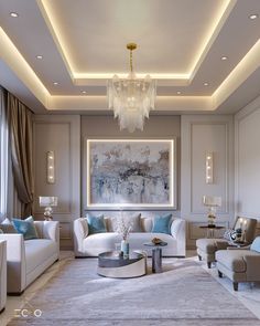 a living room with couches, chairs and a chandelier hanging from the ceiling