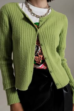 Wrap yourself in comfort and style with our Green Super Soft Fluffy Knit Cardigan. This cardigan features a luxurious and soft fluffy knit design, perfect for staying warm and fashionable. Crafted from 100% polyamide, it offers a cozy and lightweight feel. With a bodycon fit and 3/4 length sleeves, it provides a trendy and flattering silhouette. The button placket adds a touch of elegance and functionality to the cardigan. Whether for a party or a casual outing, this green fluffy knit cardigan e Short Green Cardigan, Green Winter Outfits, Green Button Up Outfit, Green Cardigan Outfit, Cardigan Sleeves, Thrift List, Soft Knit Cardigan, Fluffy Knit, Cardigan Green