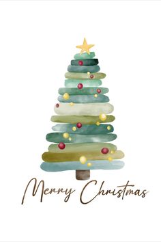 a watercolor christmas tree with the words merry christmas