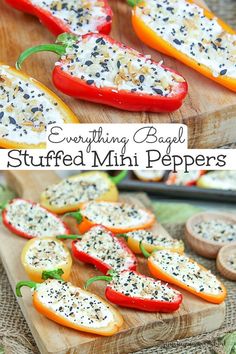 stuffed mini peppers on a cutting board with cheese and seasoning sprinkles