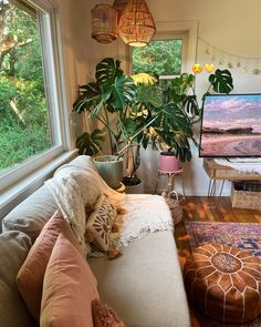 a living room filled with lots of furniture and a large plant in the window sill