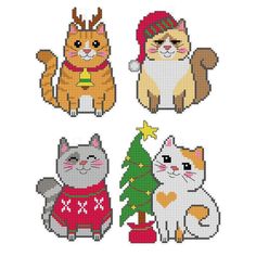 four cross stitch cats sitting around a christmas tree, one with a santa hat on