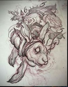 a drawing of a rabbit with flowers on it's head