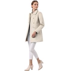 Timeless, sophisticated, and versatile, the regular-fit peacoat is an essential piece for your wardrobe. Cut in a short tailored silhouette with a doll collar, slanted pockets, and double-breasted front black buttons. Wear over chunky knitted jumpers and cute boots for a playful take on cold-weather textures. The fabric of this trench coat is soft, breathable, and comfortable to wear in winter, good quality, and chic. This fashionable and trendy clothes for women can not only be worn daily, but Formal Solid Pea Coat For Spring, Spring Formal Solid Pea Coat, Fitted Double-breasted Wool Coat For Spring, Beige Fitted Pea Coat With Lapel Collar, Beige Pea Coat With Hidden Button Closure For Work, Fitted Beige Pea Coat With Lapel Collar, Elegant Notch Lapel Pea Coat For Spring, Elegant Spring Pea Coat With Hidden Button Closure, Cream Outerwear With Concealed Placket For Work