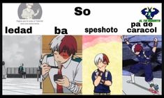 four different anime characters with the same caption in spanish and english, one is holding a cell phone